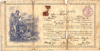 Výuční list koláře Antonína Musila. (1929).